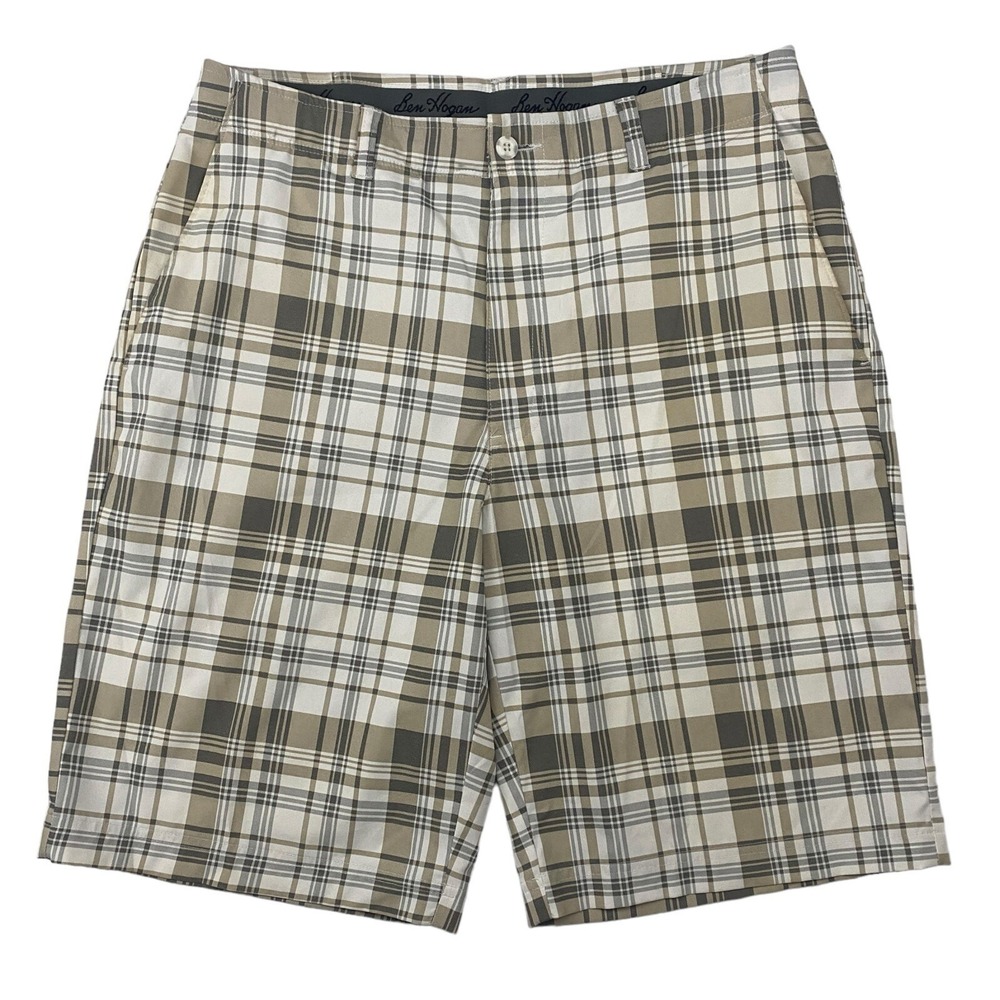 Ben Hogan Ivory Tan Gray Plaid Shorts Flat Front Performance Stretch Sz 32 Poly